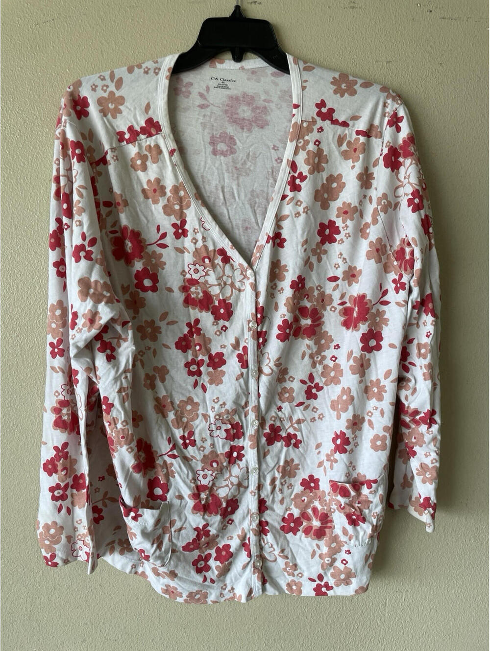 cw classics 4X Button Blouse Plus  White Light Red Floral Long Sleeve Cotton